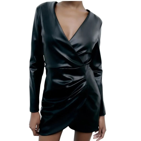ZARA | Black | FAUX LEATHER DRAPED DRESS - Picture 7 of 10